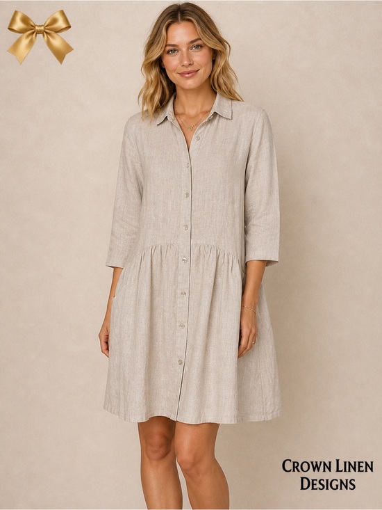 Crown Linen Designs Dresses & Skirts - Crown Linen Designs New Linen Shirt Dress Tunic Beige Size S